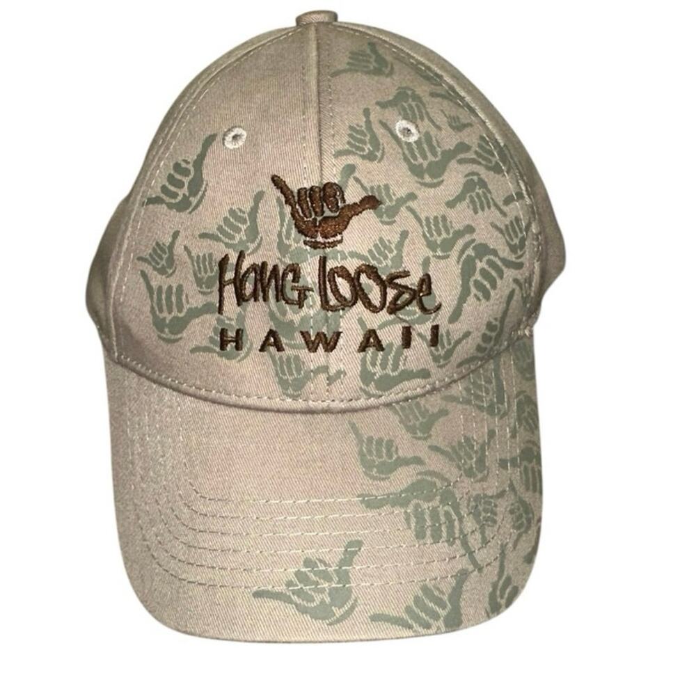 Hang Loose Hawaii Shaka Print Adjustable Baseball Cap Tan Embroidered Hat